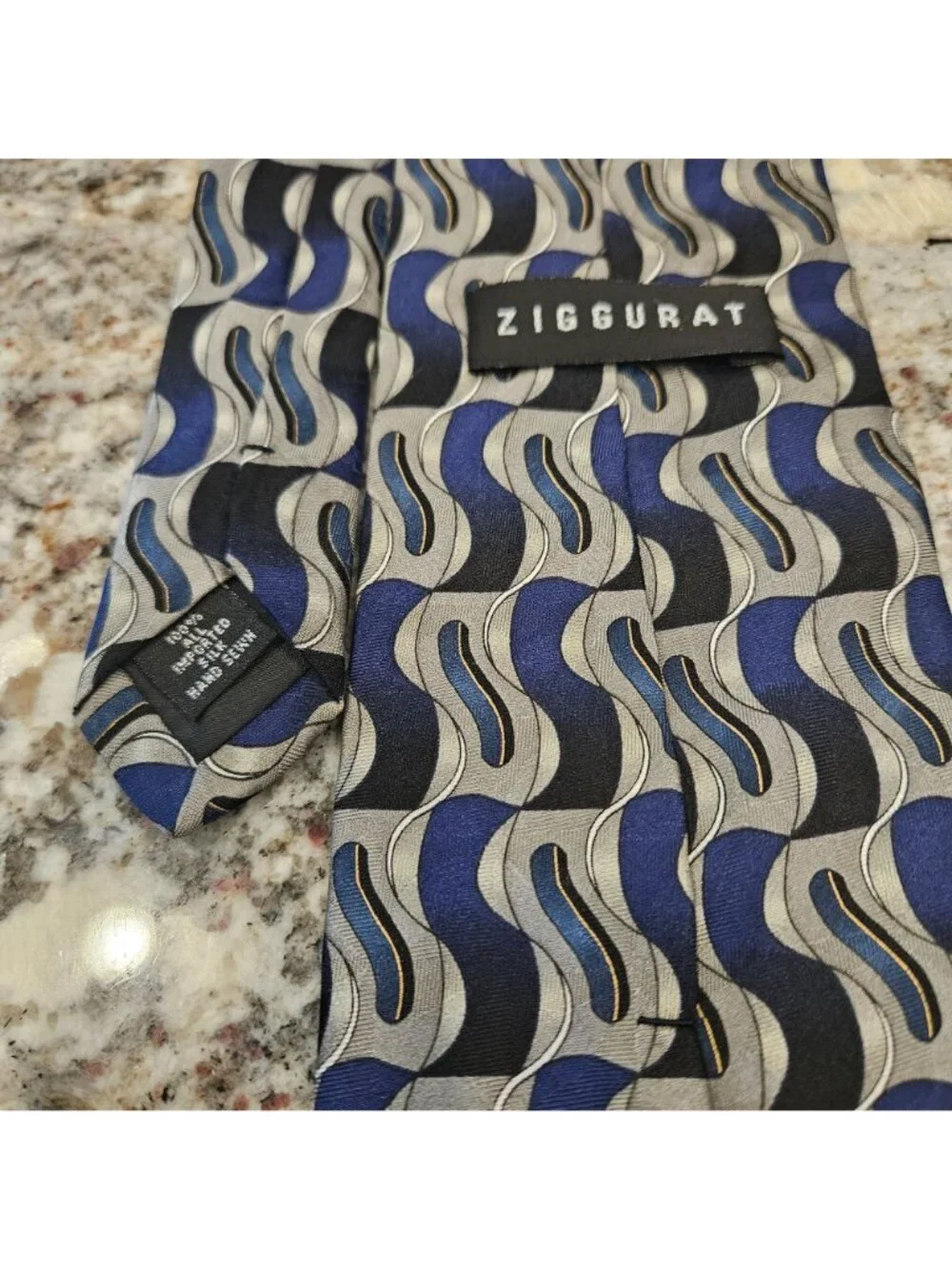 Ziggurat Blue Gray Black Patterned Mens Silk Tie